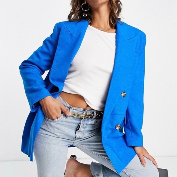 Topshop Jackets & Blazers - Topshop Oversized Double Breasted Bold Shoulder Blue Blazer Size 4